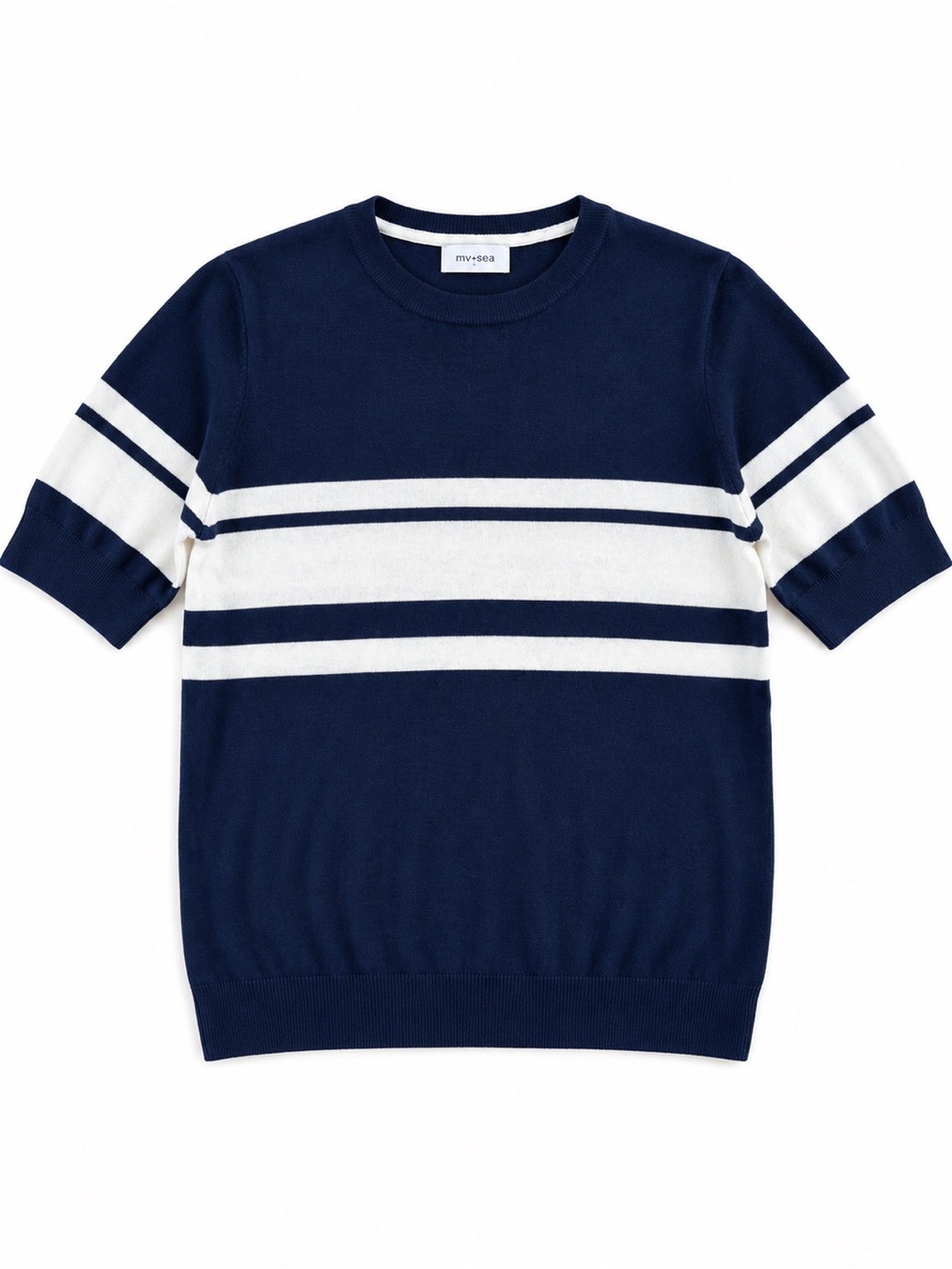 Mer Sea Courte Short Sleeve Sweater Navy White Preppy Striped Nautical Top Large
